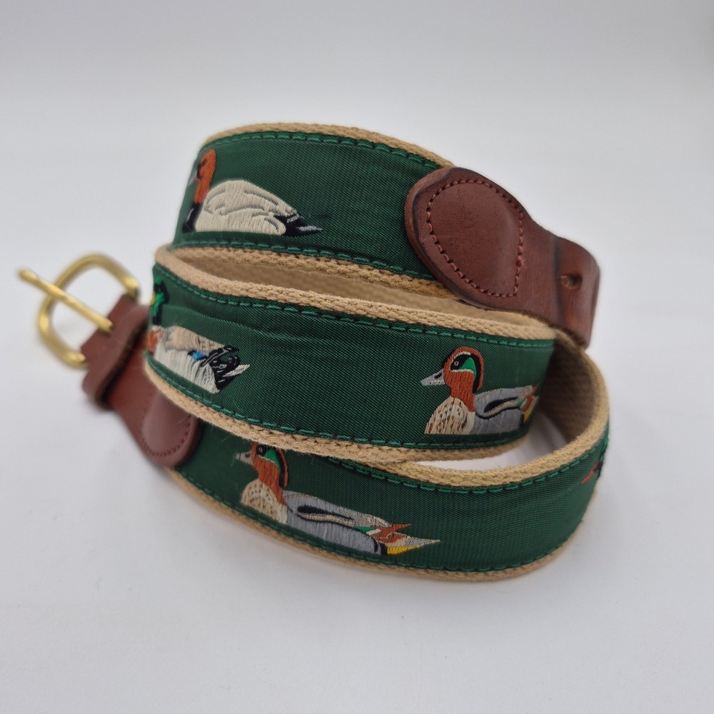 Leather Man Ltd Mens Mallard Duck Embroidered Belt Green Brown Leather Size 36
